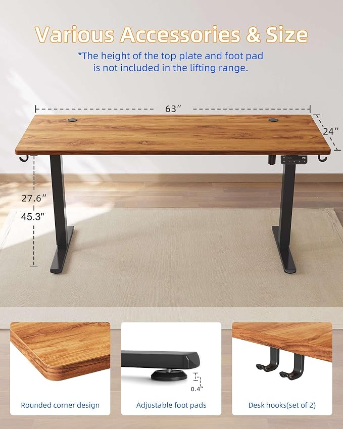 YIHAYO Electric Standing Desk, 63 x 24 Inches Stand Up Desk with Splice Board, Adjustable Height Desk, Computer Desk for Home Office, Black Frame/Rustic Brown Top