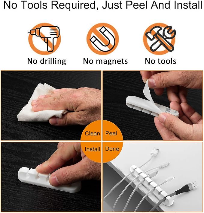 Cord Holder Cable Organizer Clips Cord Organizer for Desk, Nightstands | Self Adhesive, Office, Car, White Silicone Cord Keeper, Cable Management, Wire Holders for phone charger Cords
