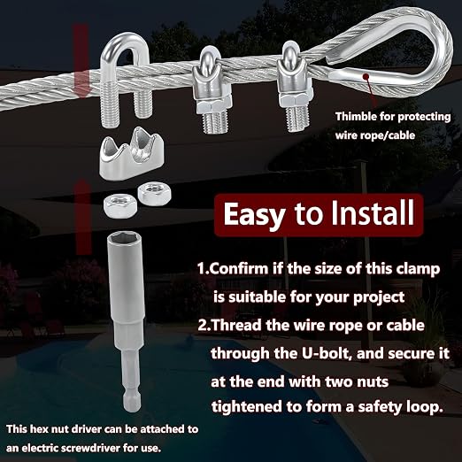 12PCS 3/16-1/4 Inches M5 Stainless Steel Wire Rope Clips,6PCS Thimbles | Corrosion resistant,antirust,easy to install with 1 nut driver