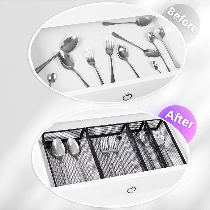 Mesh Tray Silverware Drawer Organizer, Utensil Cutlery Tray Office Supplies with Interlocking Arm Drawer Dividers Organizer for Flatware, Knives,Home,Office, School,Bedroom 9X6＂Black