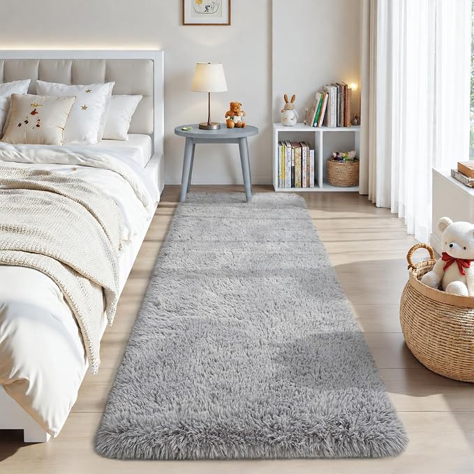 Zentavio Runner Rugs for Hallway 2x6 Shag Soft Bedroom Bedside Rugs Non Slip Fluffy Carpet for Kids Girls Boys Home Decor Aesthetic Dorm Nursery Grey