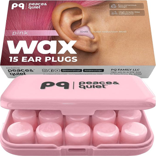 Peace&Quiet | PQ Silicone Ear Plugs for Sleeping - 15 Wax Earplugs for Sleep and Swimming, Soft Ear Covers for Sleeping, Wax Ear Plugs Noise Cancelling 32Db, Pink