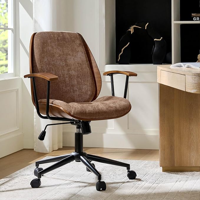 HULALA HOME Solid Wood Office Chair with Tilt Function & Metal Base, Camel | Mid Century Modern Desk Chair with Bent Wood Frame, 360° Swivel Fabric Computer Task Chair, Height Adjustable