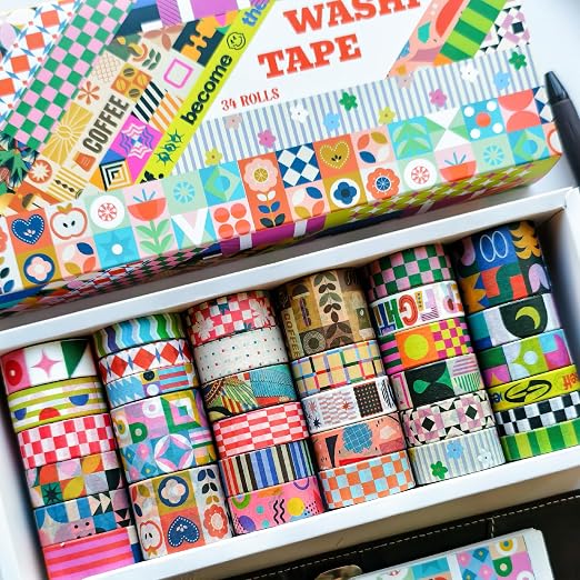 34 Rolls Geometric Washi Tape Set, Aesthetic Decorative Tape for Scrapbooking, Journaling, Bullet Journals, DIY Crafts and Gift Wrapping
