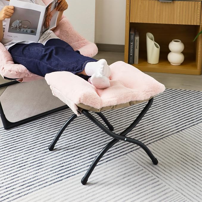 15"(H) Folding Ottoman, Foldable Footrest Stool, Portable Small Foot Stool for Couch, Collapsible Foot Rest Ottoman for Sofa, Accent Padded Ottomans for Living Room, Bedroom, Pink