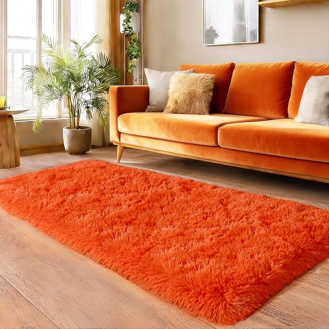 Fluffy Soft Runner Rug for Bedroom Hallways, 2x6 Area Rugs for Living Room, Modern Shaggy Carpets Fuzzy Rug for Boys Girls Dorm Nursery Home Decor Aesthetic, Upgrade Non-Slip Durable, Orange