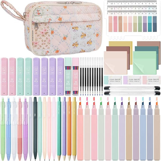 WOBAGMEN 62PCS Aesthetic School Supplies with Quilted Pencil Case, Pastel Highlighters, Gel Pens Mechanical Pencils Set, Cute Back to School Supplies, College Essentials(Coloful Patchwork, M)