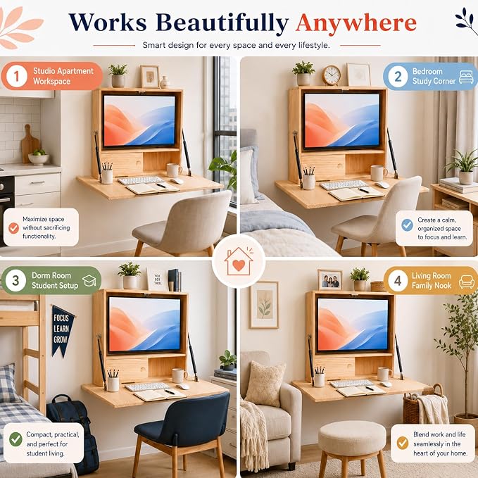 31 Inch Wall Mounted Folding Desk with Storage & Monitor Mount, Floating Fold Down Desk with Dual Gas Struts, Lockable Space Saving Desk, 200 lb Capacity for Home Office, Bedroom and Apartments