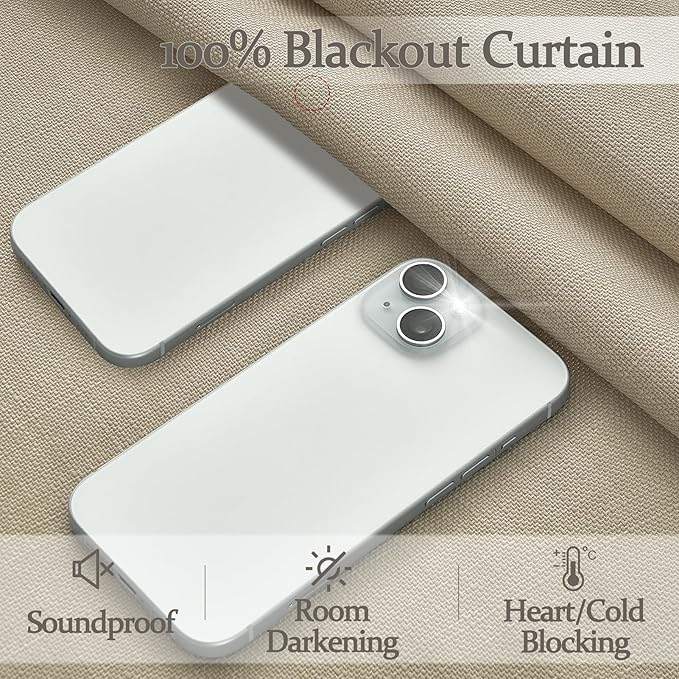 Heavy Natural Linen 100% Light Blocking Curtains & Drapes 96 Inches Long 2 Panels Set for Bedroom, Neutral Pinch Pleated Black Out Thermal Warm Beige Curtain for Summer Heat Energy Efficient 40W x 96L