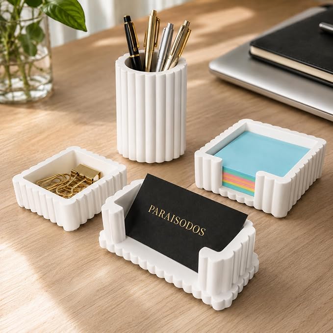 Concrete Desk Organizer Set of 4, Modern Desk Accessories, White | Pen holder, Sticky note holder, Paper clip tray, Business card holder, Soft anti-slip pads, For home and office use