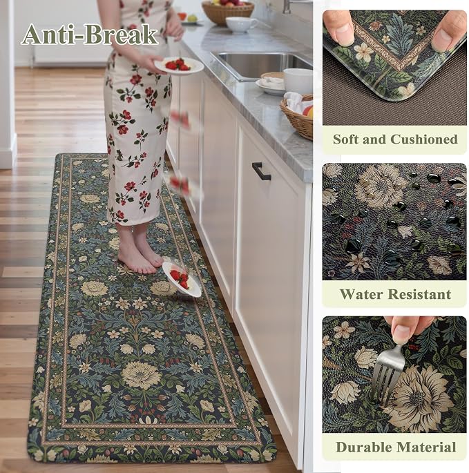 KIMODE Kitchen Mats for Floor Anti Fatigue,Cushioned Runner Rug | Black,Vintage Boho Floral Runner Rug Non Slip Waterproof, Wide Long Padded Kitchen Floor Mat for Laundry Sink Office Home