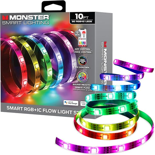 Monster Smart RGB+IC LED Strip Lights 10ft – Sound Reactive Strip Lights for Bedroom, App & Voice Control, RGB Light Strip for Room, Alexa Google Home, Razer Chroma Sync - 90 RGB+IC LED Lights