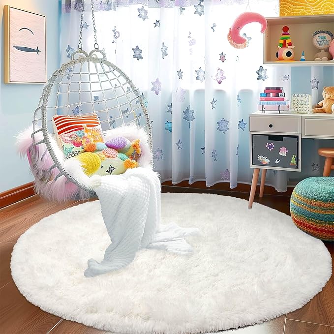 Awaytail Round Fluffy Cream Rug - 4FT Super Soft Circle Shaggy Plush Fuzzy Furry Carpet for Kids & Nursery