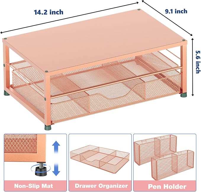 OPNICE Desk Organizers and Accessories, 2-Tier Computer Monitor Stand with Drawer and 2 Pen Holders, Laptop Stand, Office Desk Accessories for Office Supplies, Rose Gold