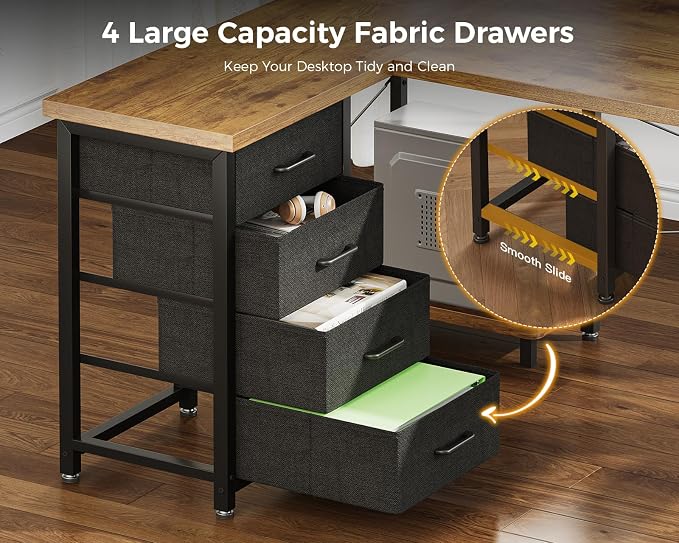 AODK 61" L Shaped Gaming Desk with 4 Drawers and Power Outlets, Vintage | USB Ports, PC Tower Stand, Hooks, Reversible Corner Layout for Gaming Rooms, Bedrooms and Home Office
