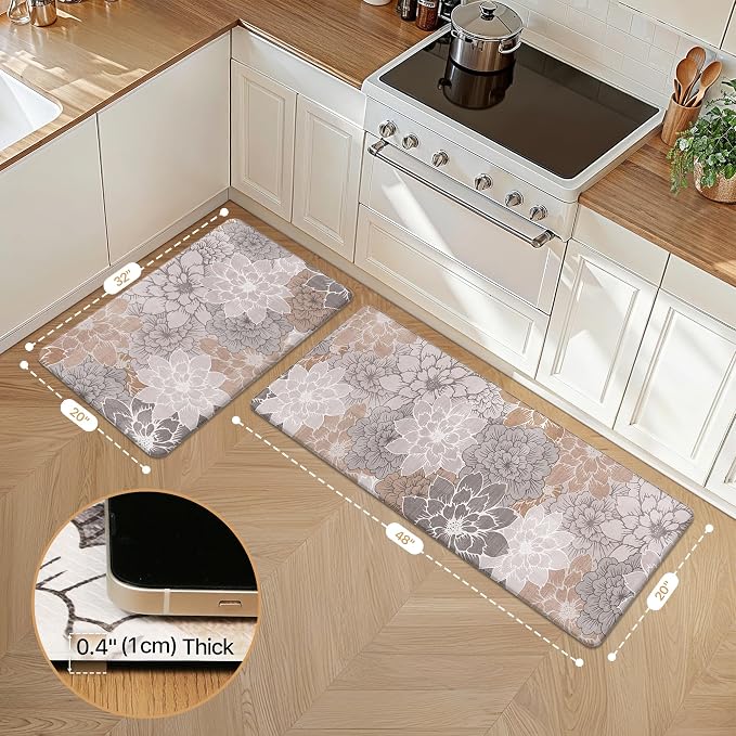 GENIMO Anti Fatigue Kitchen Mats for Floor 2PCS, Cushioned Standing Mats | 20"x32"&20"x48", Taupe Grey vintage floral rug set, waterproof, non slip, easy-clean for farmhouse
