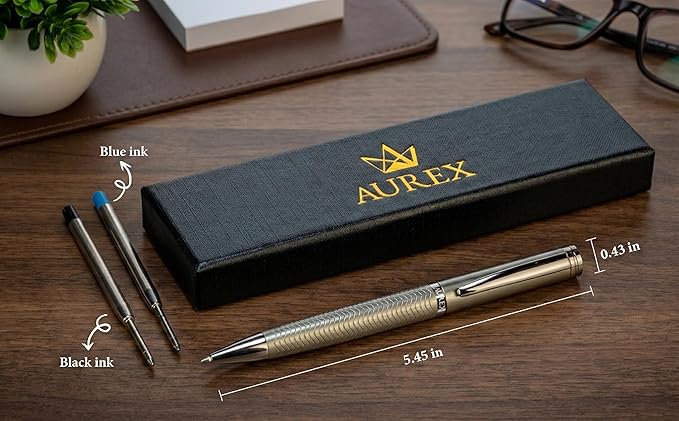 AUREX Luxury Dark Ballpoint Pen – Metal Retractable Pen with Twist Mechanism, Wave Body Design, Gift Box & Blue + Black Ink – Professional Writing Instrument