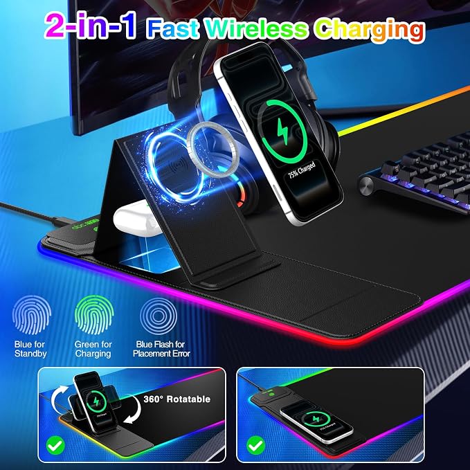 RGB Gaming Mouse Pad with Magnetic Wireless Charging & Foldable Phone Stand | 31.5"x11.8" XL Extended Mousepad with Stitched Edges, Ultra-Smooth Waterproof Surface, 25 Lighting Effects, Non-Slip Base