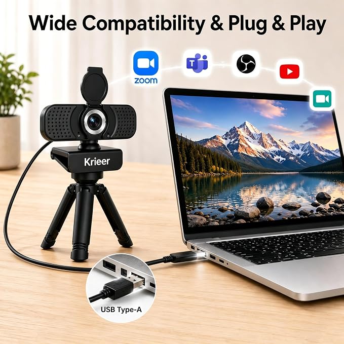 1080P HD Webcam with Dual Mics &Rotatable Tripod,Privacy Cover for Pc/Laptop, Usb Computer Camera Plug & Play with Auto Light Correction for Video Calls, Live Streaming Gaming & Online Meetings
