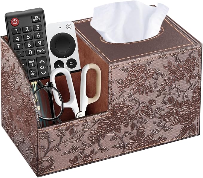 Square Tissue Box Cover with Storage, PU Leather Facial Cube Tissue Holder | TV Remote Control Holder, Desk Accessories Nightstand Organizer, Modern Table Caddy for Bathroom, Bedroom, Home, Office Decor