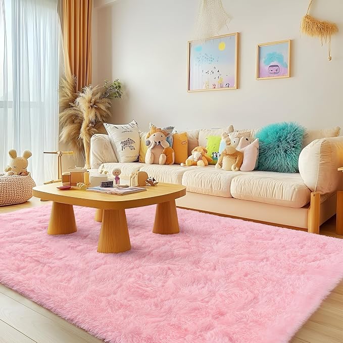 Awaytail 4x6 Fluffy Pink Area Rug - Soft Cute Shag Fuzzy Rug for Bedroom - Anti-Skid Living Room Girls Rug Pink Home Decor