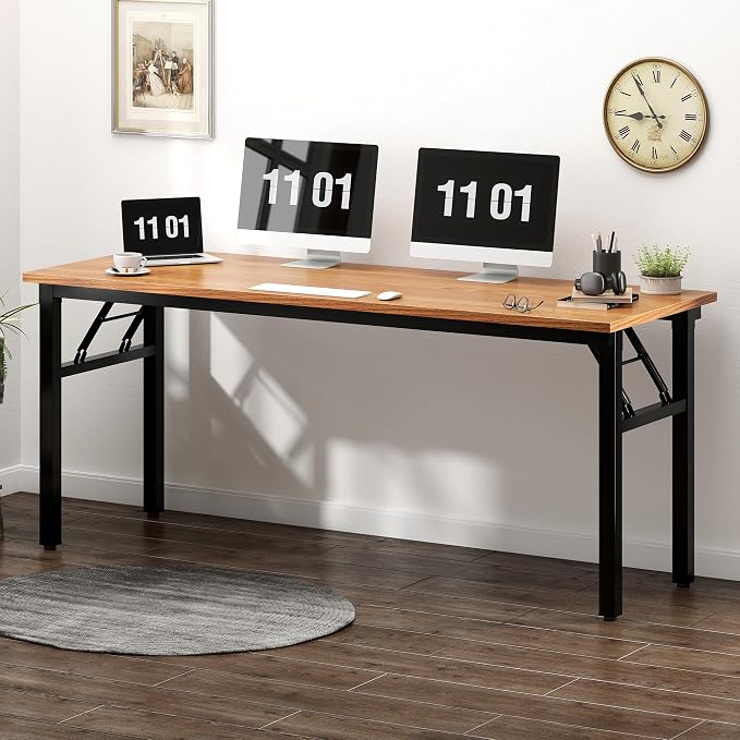 Need Folding Computer Desk, Large 62 inches Folding Table for Home Office, No Install Needed Foldable Writing Table Long Desk, Space-Saving, Teak and Black