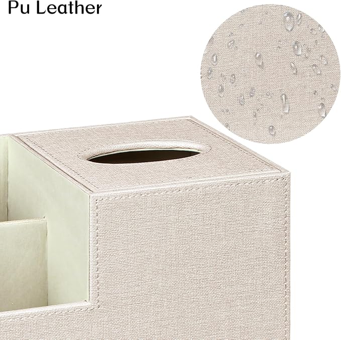 Square Tissue Box Cover with Storage, PU Leather Facial Cube Tissue Holder | TV Remote Control Holder, Desk Accessories Nightstand Organizer, Modern Table Caddy for Bathroom, Bedroom, Home, Office Decor
