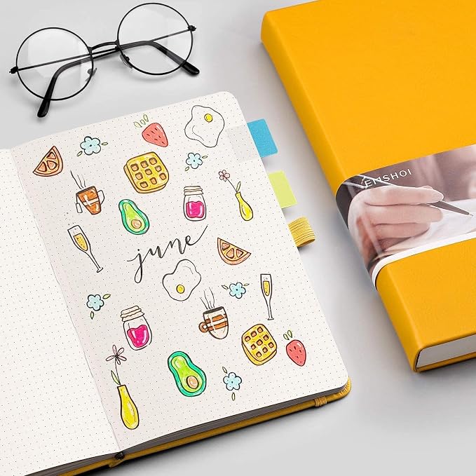 EMSHOI A5 Dotted Notebook Hardcover Leather Journal, 256 Pages 120gsm Thick Paper A5 Journal 5.75"x8.38", 16 Perforated Pages & Inner Pocket, Durable Dot Grid Notebook for Bullet Journaling, Yellow