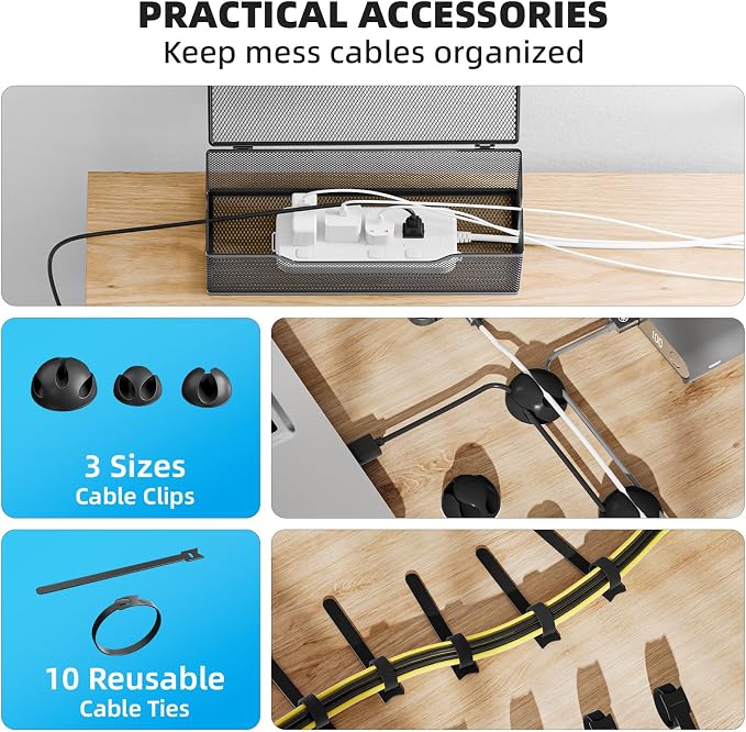 Marbrasse 3 Pack Cable Management Box, Metal Mesh Cord Organizer Box for TV Wires, Electrical Hiding, Power Strip – Under Desk Cable Storage Box with Cable Clips&Reusable Cable Ties for Home/Office