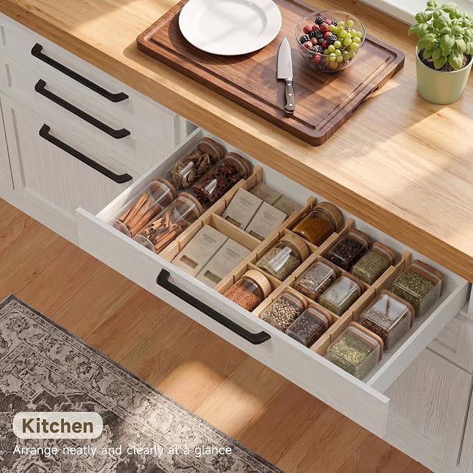 Bamboo Drawer Dividers, Expandable Kitchen Drawer Organizer | Include 4 Dividers, 4 Small Inserts and 4 Medium Inserts for Home, Office, Dressers