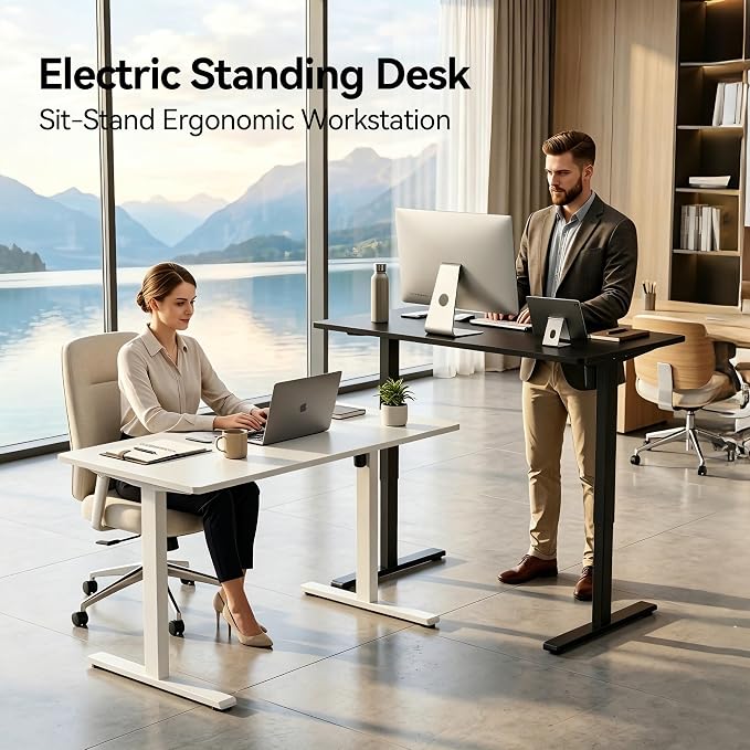 40 x 24 Inch Height Adjustable Standing Desk, 3 Presets, White | 40 x 24 in Desktop, 28.3–46.5 in Height, 2+3 Controls, ≤45 dB, 154 lb Capacity, 2 Hooks