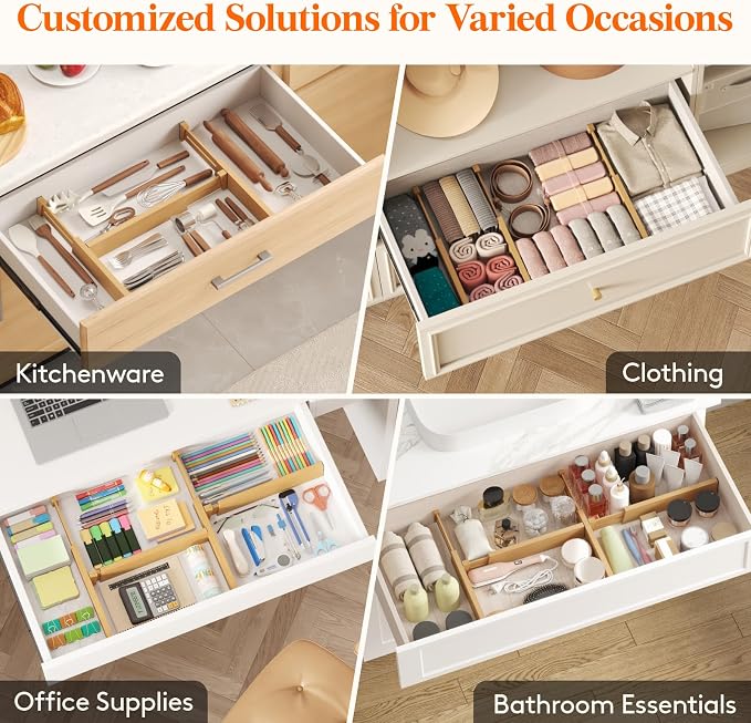 Lifewit 2.4" High 6 Pack Bamboo Drawer Dividers 33-42cm/13-16.5" Adjustable Wooden Drawer Organizer for Clothes/Utensils, Expandable Drawer Separator for Dresser/Kitchen/Bedroom/Office Organization