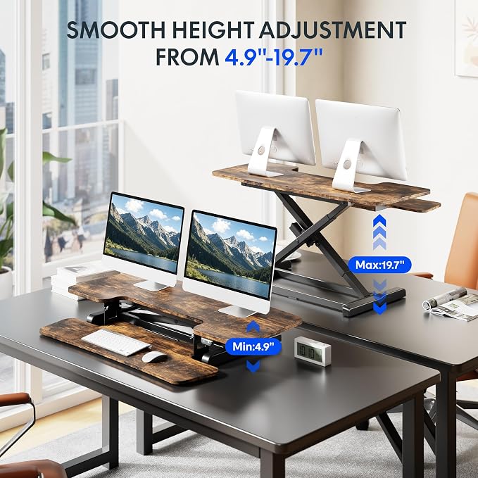 FLEXISPOT 40" Electric Standing Desk Converter, Motorized Sit to Stand Desk Riser, Height Adjustable Desktop Dual Monitor Workstation with Large Keyboard Tray, Rustic Color
