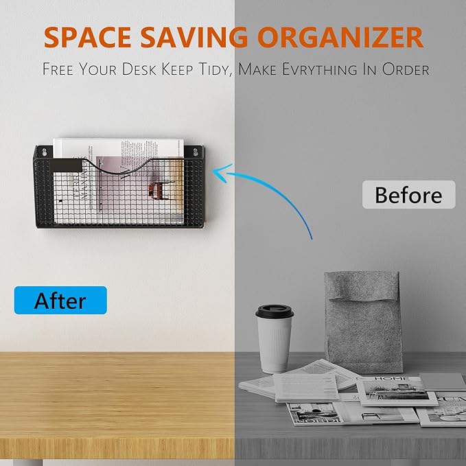MFTEK Magnetic File Holder, 3 Pockets Magnetic File Folder Holder No Drilling Magnet Paper Mail Organizer Magazine Basket, Hanging Wall Storage Rack for Fridge Cabinets Office Classroom