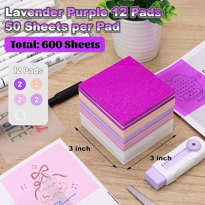 Transparent Sticky Notes 600 Sheets, Frosted Glitter Stardust Purple 3x3 Inch, High Glass-Like Clear Seee Through Post Self-Adhesive Notes for Women Office School Teacher Planer Bible Supplies 12 Pads