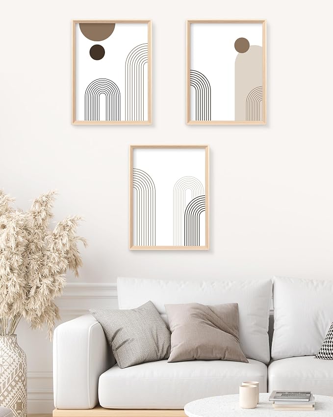 HesenDot 12x16IN Boho Arch High Framed Wood Design Wall Art Set of 3 | Modern Neutral Line Canvas Prints, Mid Century Minimalist Wall Decor for Living Room Bedroom Bathroom Hallway Office