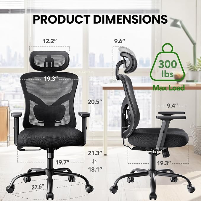Marsail Ergonomic Office Chair with Lumbar Support,2D Headrest, Adjustable Armrests, Contoured Seat Cushion,Desk Chair with Wheels for Home and Office