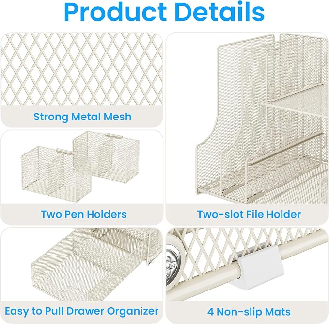 Lavatino Desk Organizer – 4-in-1 White Mesh Office Supplies Organizer with Pen Holder, File Holder, Desktop Tray, and Drawer for Home, Office, Classroom