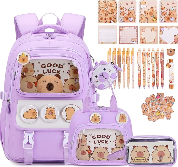 Capybara Backpack for School Girls, 30PCS Capybara Gifts School Supplies Stationery Set with Lunch Box Pencil Case Pens Pencils Notebook Cartoon for Kindergarten Elementary Student(Purple)