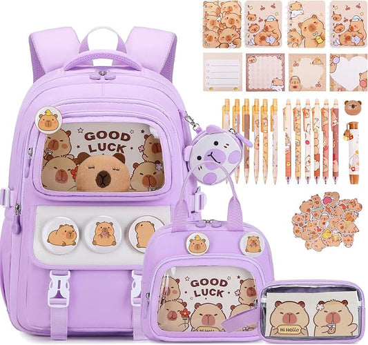 Capybara Backpack for School Girls, 30PCS Capybara Gifts School Supplies Stationery Set with Lunch Box Pencil Case Pens Pencils Notebook Cartoon for Kindergarten Elementary Student(Purple)