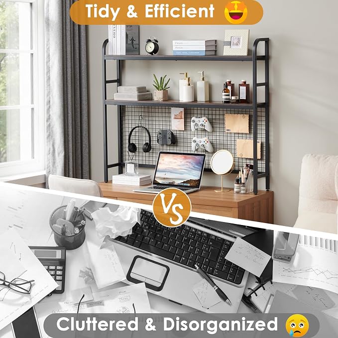 Desk Shelf, 45.3” Desktop Organizer Shelf with Grid Panel and Hooks, Desk Hutch for Computer Monitor, 2 Tier Desk Display Rack Wood Desktop Bookshelf Storage for Home Office Dorm