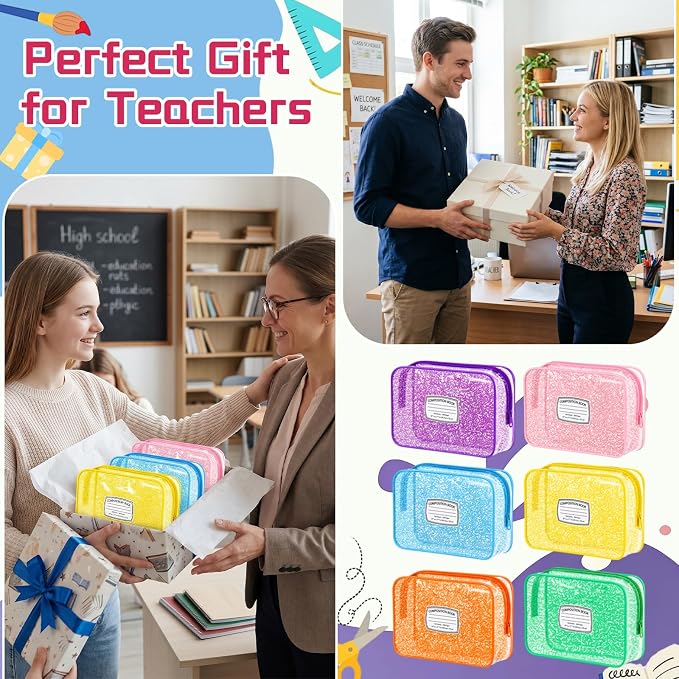 Suclain 12 Pack Back to School Gift for Teacher, Colorful Composition Book Theme PVC Zipper Organizer Pouches, 7.9 × 5.9 × 2.4 in Storage Bags for Classroom Rewards Teacher Student Gift