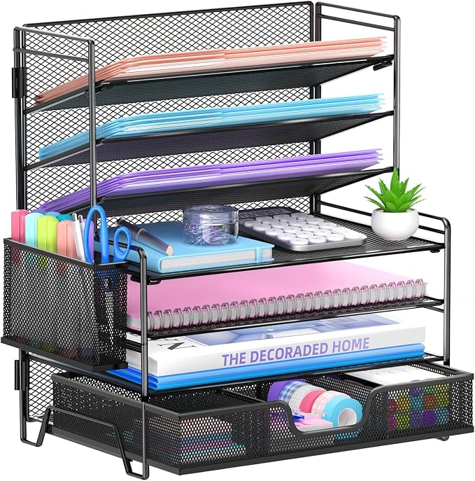 7-Tier Desk Organizer with Drawer and Pen Holder, Metal Letter Tray, Black | Metal Mesh File Organizer with Drawer for Paper, Notes and Office Supplies at Home, School or In the Classroom