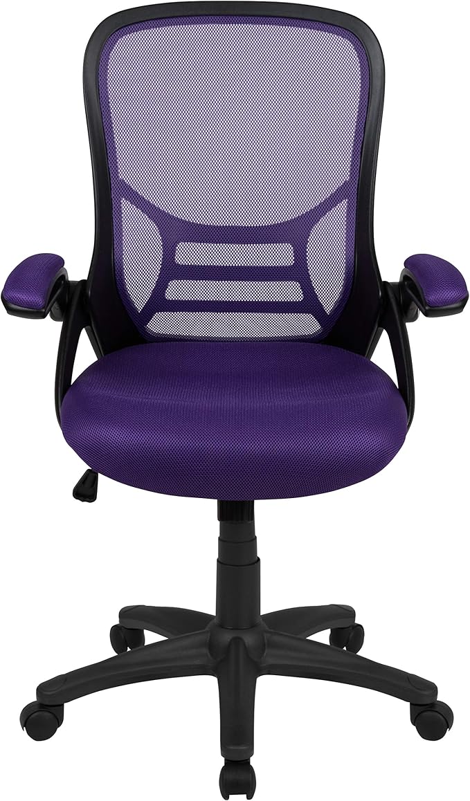 Flash Furniture Porter High-Back Swivel Office Chair with Adjustable Lumbar Support and Seat Height, Ergonomic Mesh Desk Chair with Flip-Up Armrests, Purple/Black