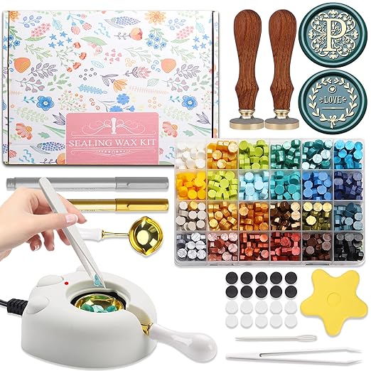 Flower Initial Alphabet P & Eucalyptus Wax Seal Stamp Kit with 2 Brass Heads Electric Wax Seal Warmer 600 Sealing Beads Ideal for Wedding Invitation Gift Wrapping Christmas (Floral P Kit)