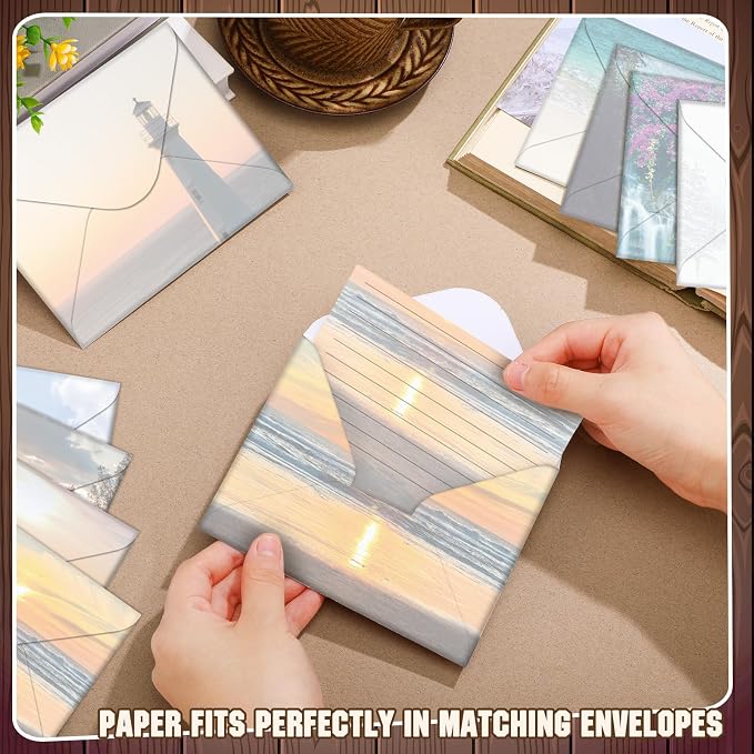 TaoBary 160 Pcs Stationery Paper Set 50 Double Sided Stationery Papers with 50 Matching Envelopes and 60 Round Dot Sticker, 10 Design(Scenic Nature,5.5 x 8.25 Inch)