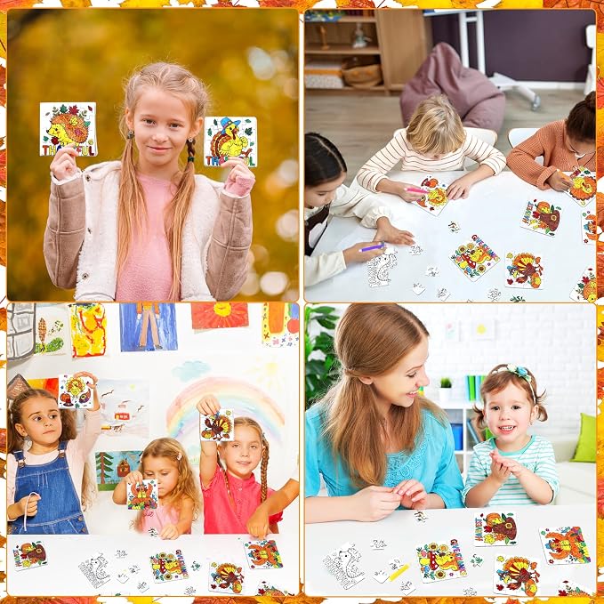 24Set Fall Thanksgiving Crafts for Kids Toddlers Adults, Thanksgiving Art Craft DIY Kit Blank Puzzle Pumpkin Turkey, Autumn Classroom Activities for Party Favors Gift Coloring Games Toys Supplies Bulk