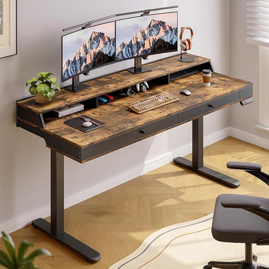 ONBRILL Standing Desk with Drawers, 63x23.6 Electric Stand Up Desk with Storage Shelf and Memory Controller, Sit Stand Desk Adjustable Height from 28-46" for Computer Workstation, Rustic Brown