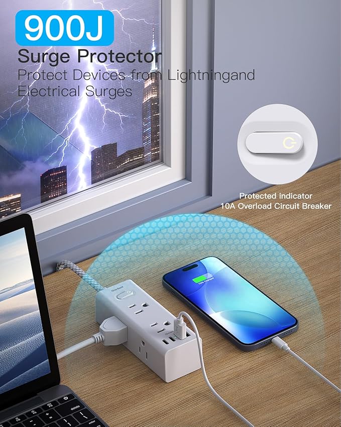 Surge Protector Power Strip - 6 Widely Outlets with 4 USB Ports (2 USB C), 6 Ft Extension Cord Flat Plug, 3 Way Wall Outlet Extender Extension Cord for Home Office College Dorm Room Essentials
