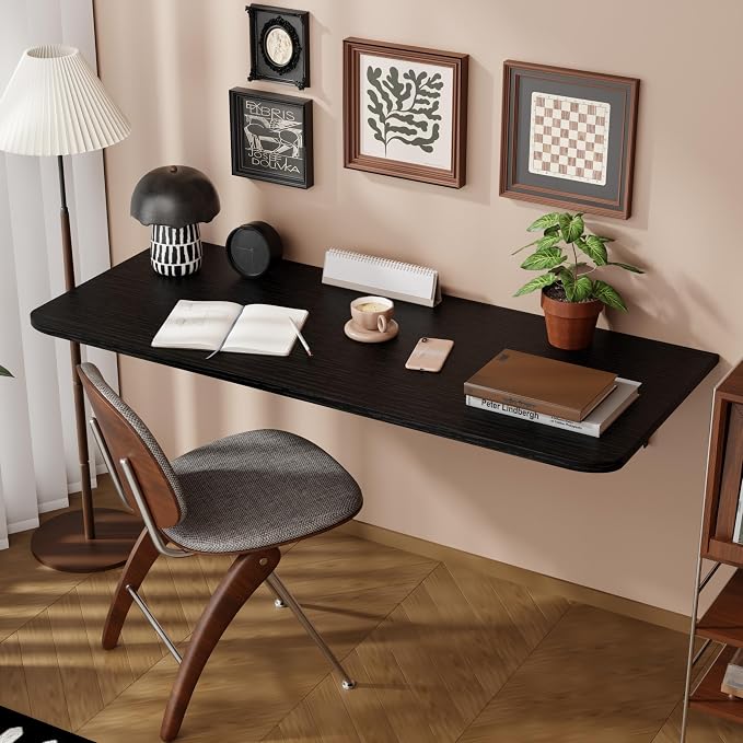 Dogsky Wall Mounted Folding Table, Floating Desk 48x15.7Inch, Fold Down Shelf Wall Mounted with Heavy Iron Brackets, Foldable Table for Launrdy Room, Office Study Work Bench, Kitchen Dining, Black